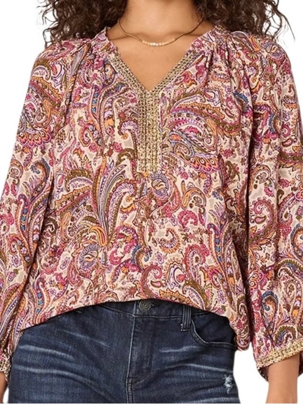 Democracy Pink Multi Paisley V-Neck 3/4 Blouson Sleeves Brass Sequin Blouse